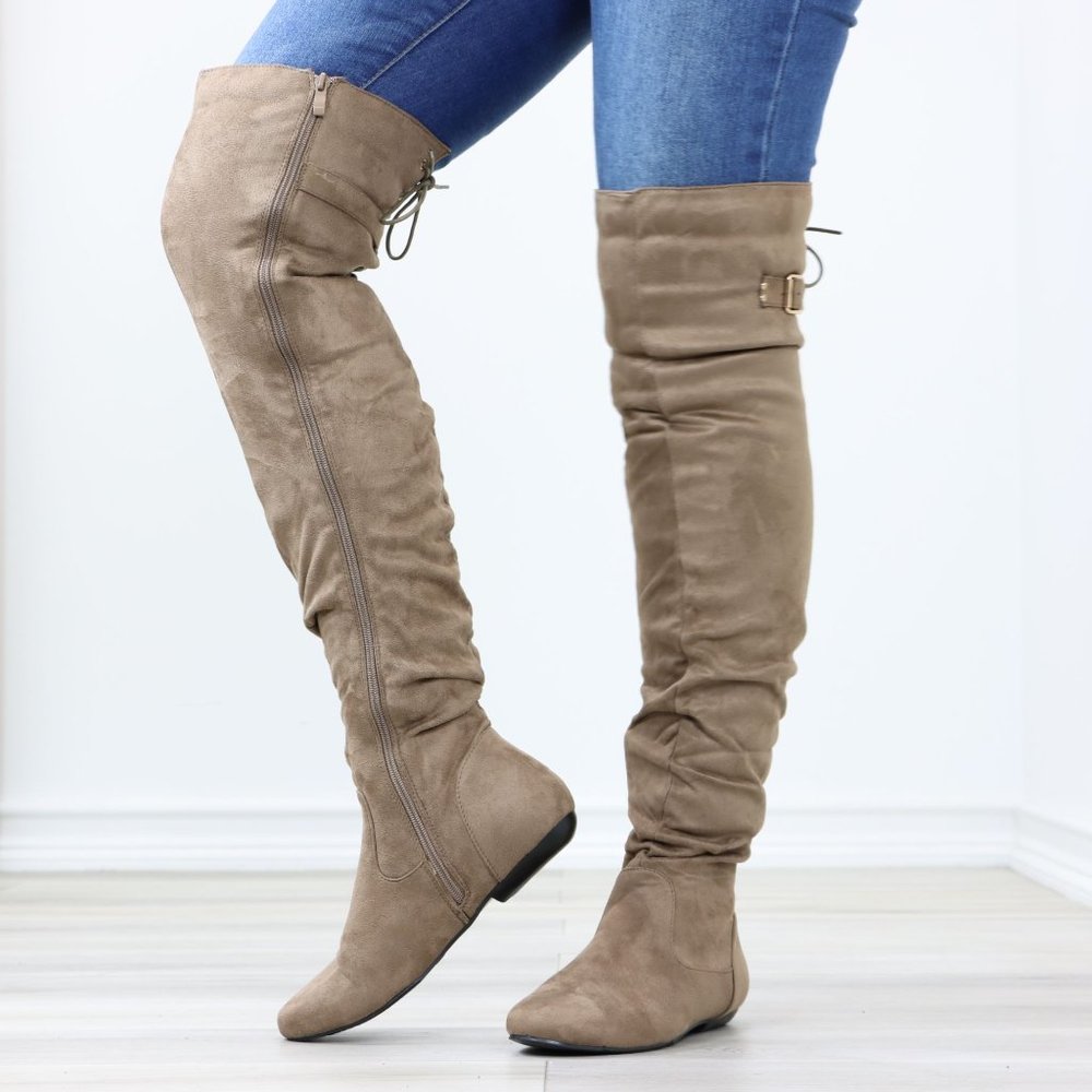 Taupe Thigh High Over The Knee Flat Boots Faux Suede Laced Back - Picture 13 of 15